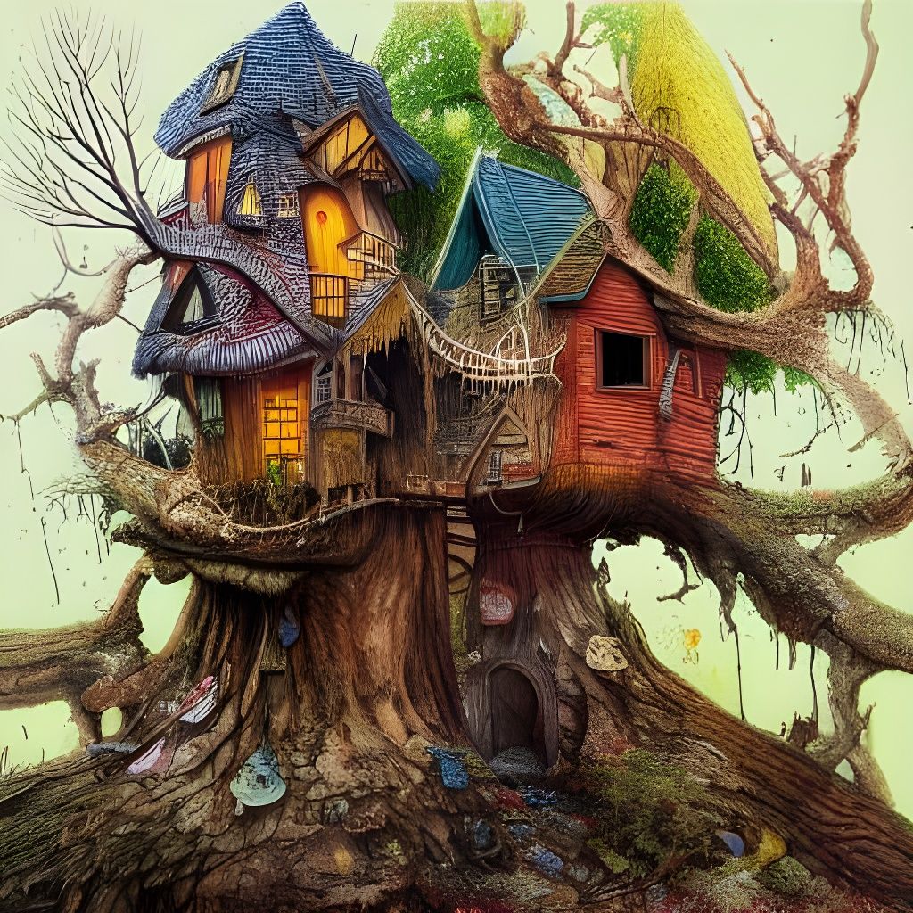 Treehouse on Stump: Colorful Ink Illustration