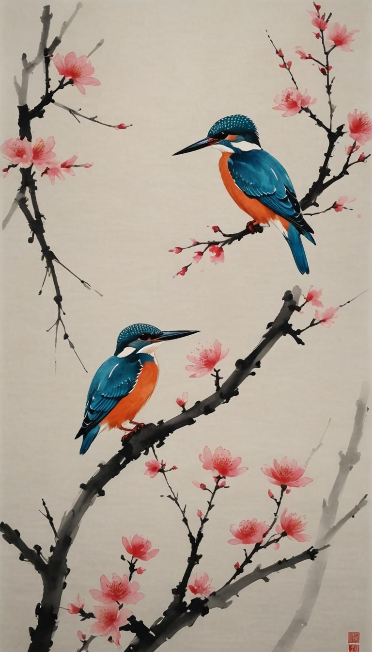 Kingfishers and Cherry Blossoms in Ink Painting