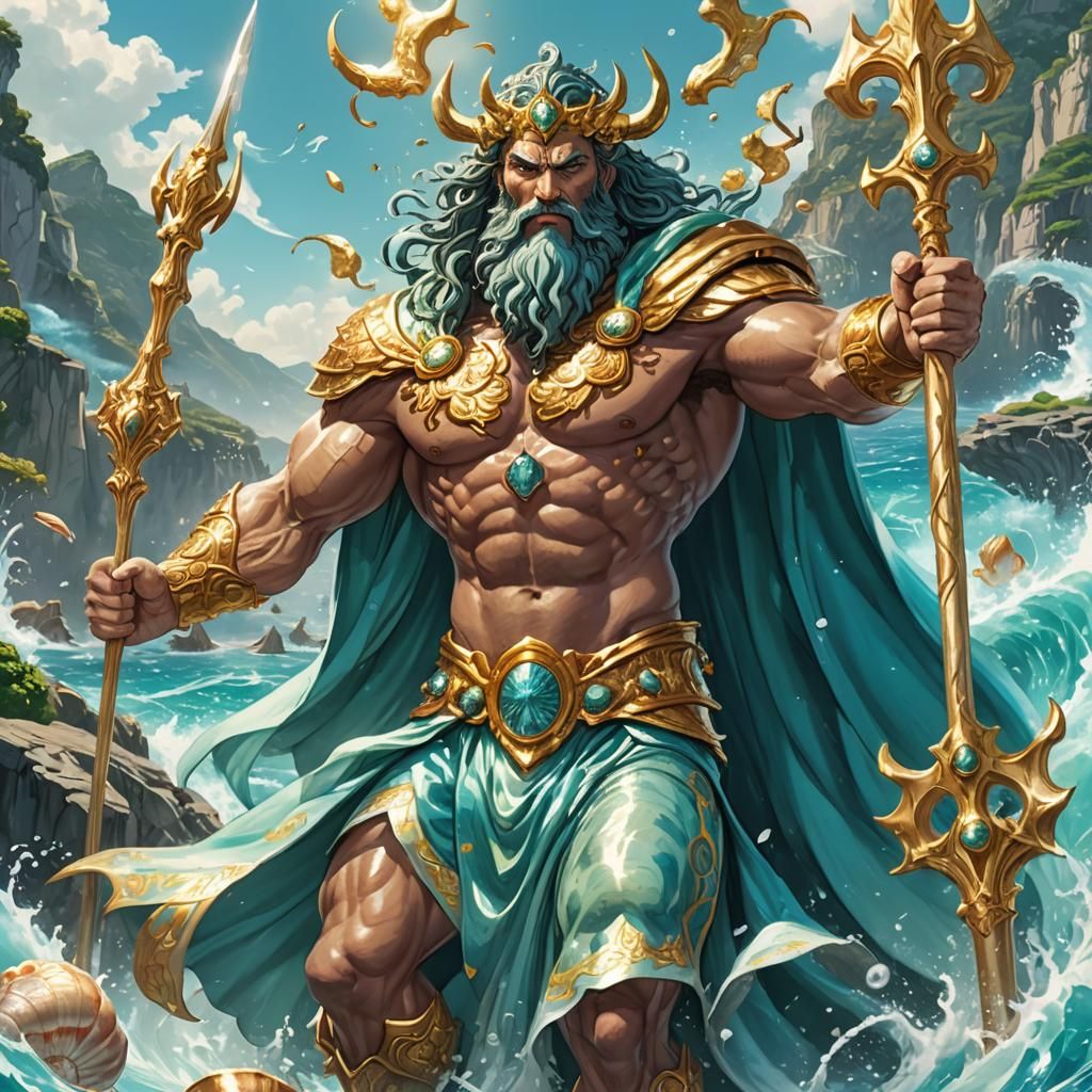 Poseidon with Golden Trident, Anime-Style Illustration