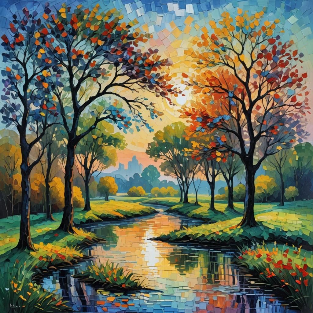 Colorful Dawn in Neo-Expressionist Impasto Style