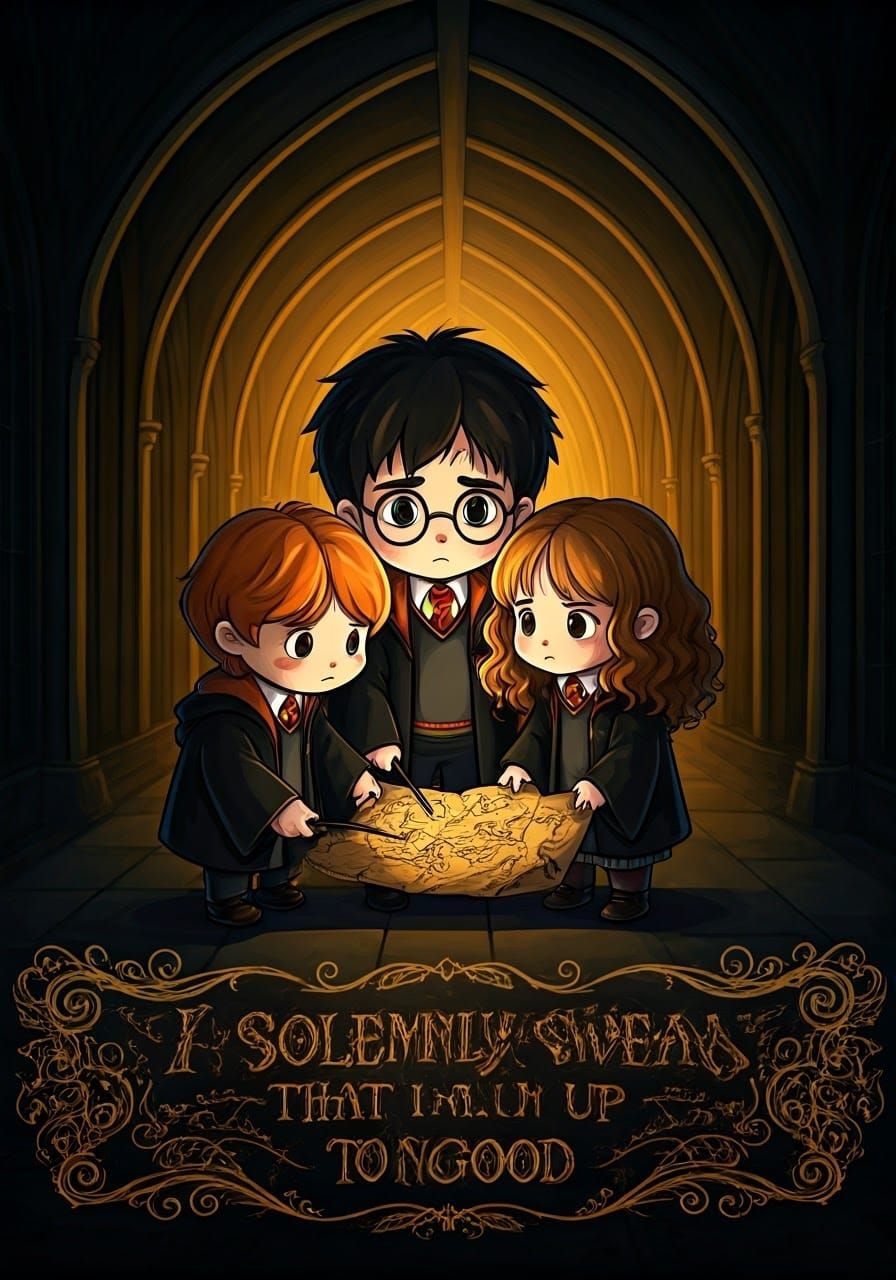 Harry Potter Trio with Marauder's Map in Chibi Style