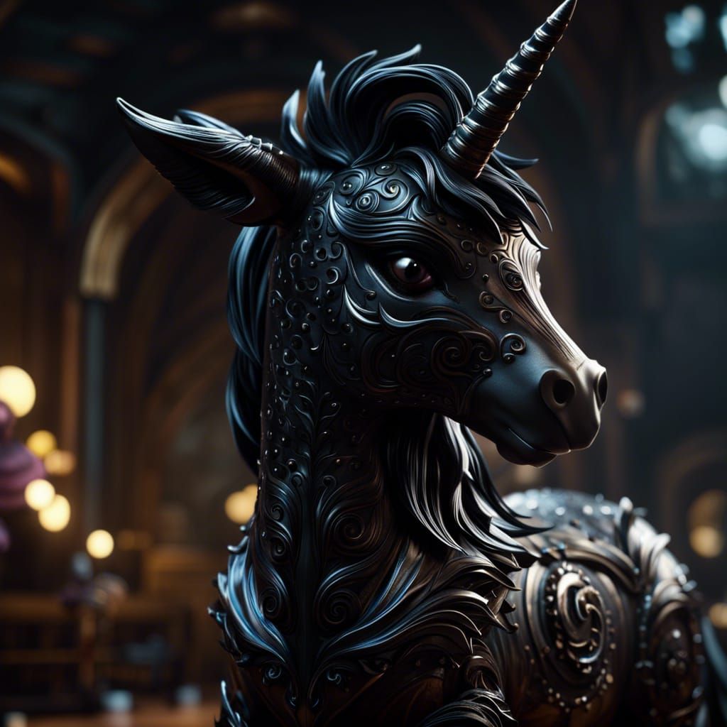 Adorable Black Unicorn in Hyperrealistic CGI Style
