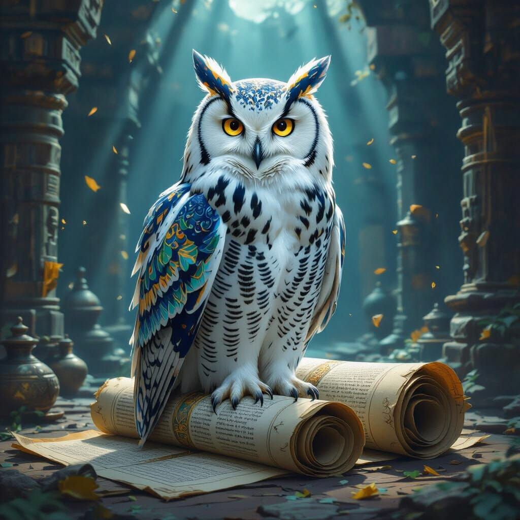 Tribal Tattooed Snow Owl on Ancient Scrolls