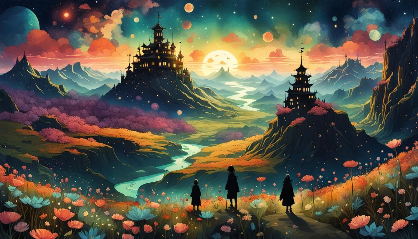 Fantasy Spring Flowers in Starry Night Collage Art