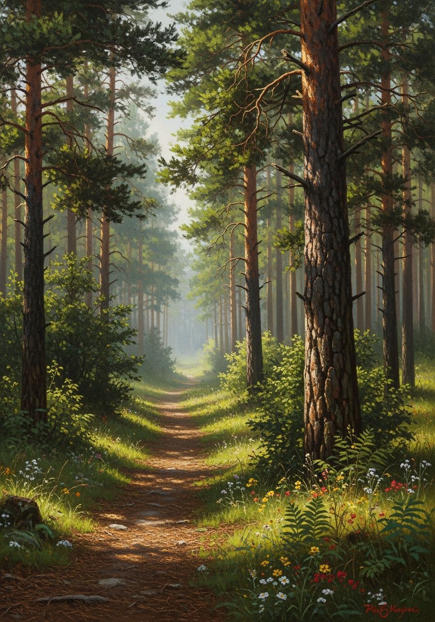 Winding Path Through Lush Pine Forest in Summer Sunlight