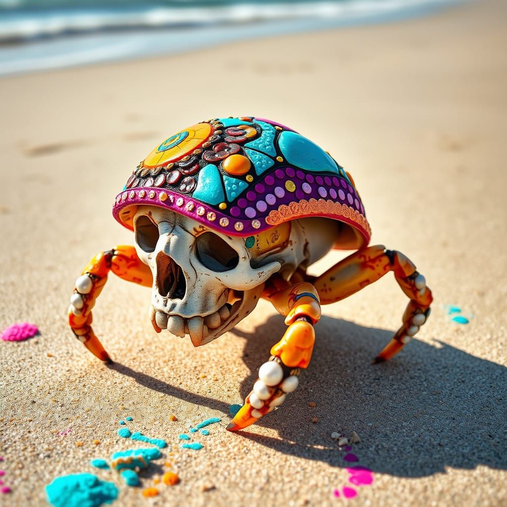 Psychedelic Hermit Crab Skull Shell on Sunny Beach