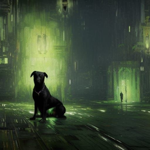 Black Dog with Green Eyes: Oil Painting