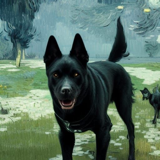 Surreal Portrait of a Black Dog with Glowing Green Eyes in a...