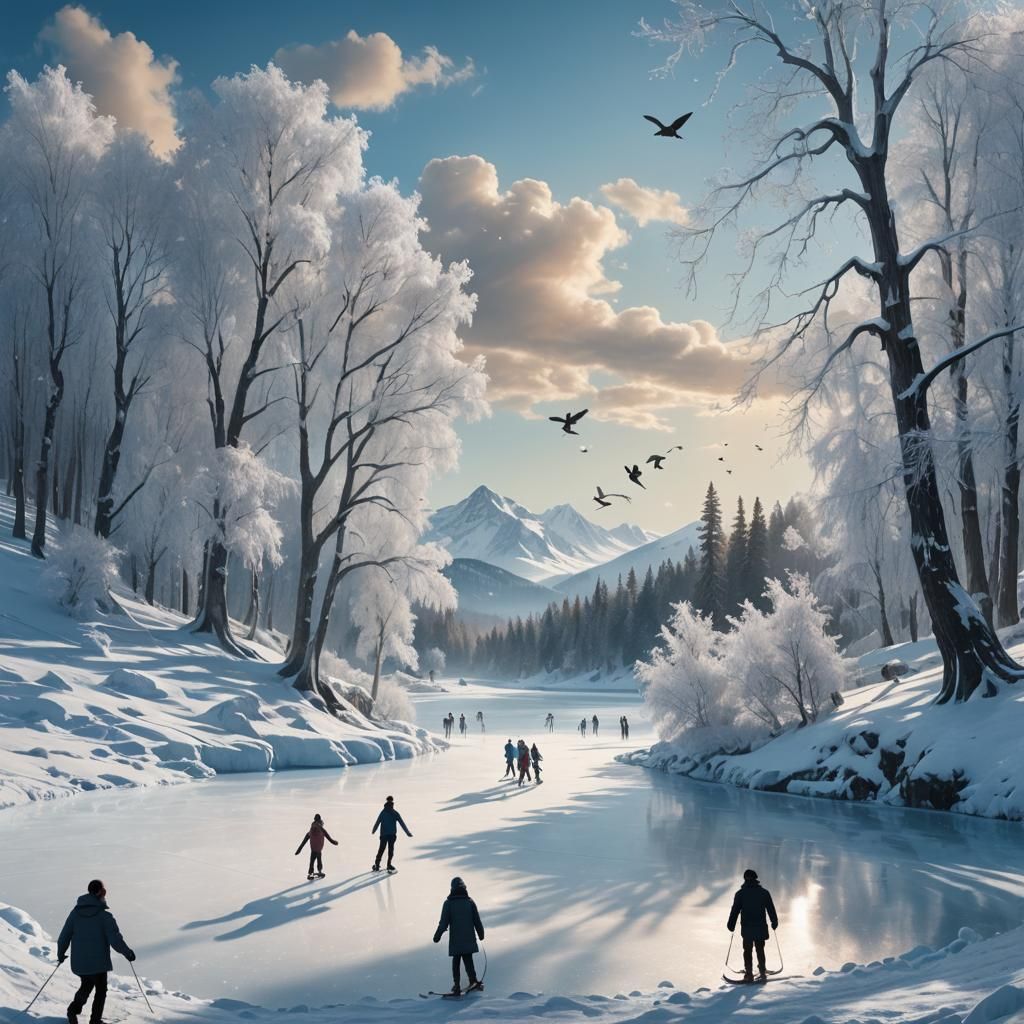 Sunny Alpine Valley Ice Skating Scene