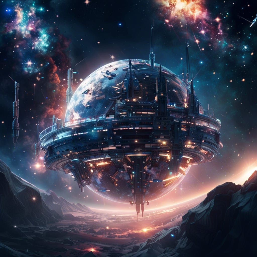 Futuristic Space Station with Glittering Stars