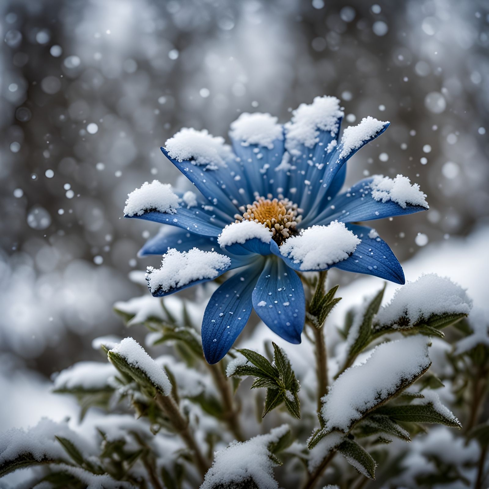 Blue Flower in Snow: Hyperrealistic Close-Up