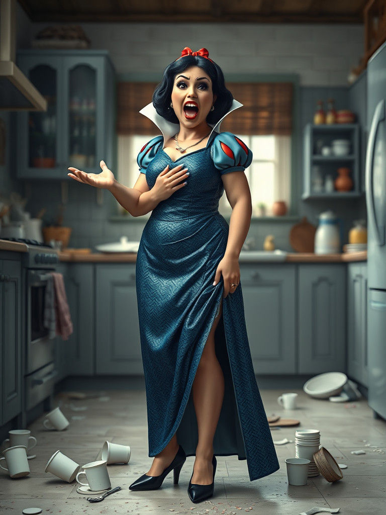 Angry Snow White in Kitchen with Smashed Dishes