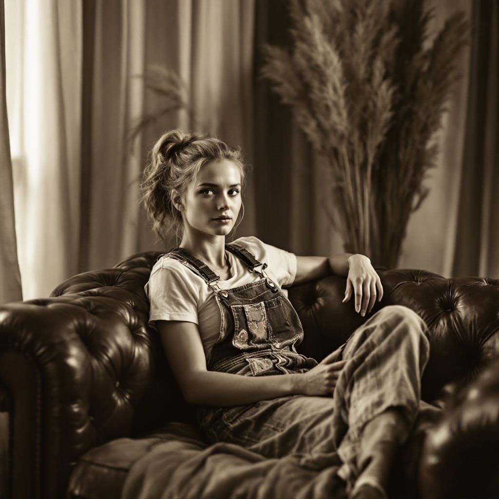 Vintage Studio Portrait of a Strong Woman in Handmade Overal...