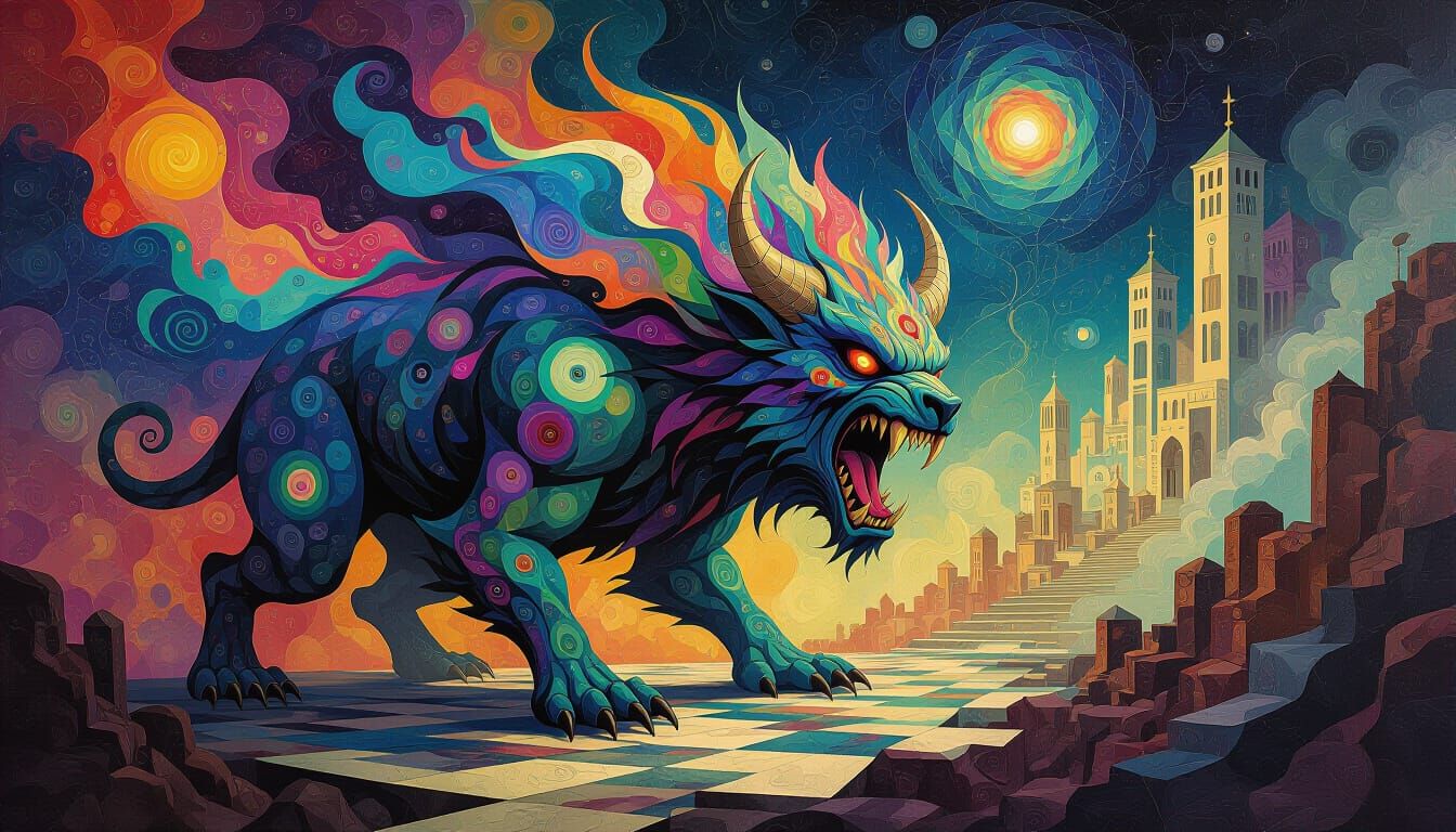 Kaleidoscopic Horror Beast in Escher-esque Landscape