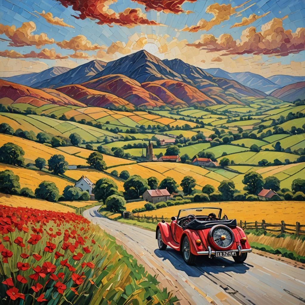 Red Morgan Car in Sunny Countryside, Expressionist Oil Paint...