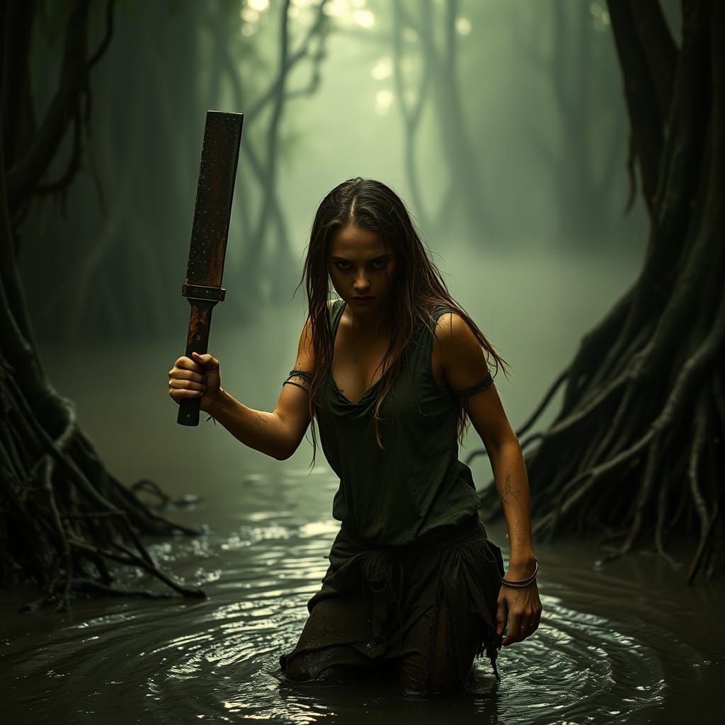 Mud-Covered Woman Emerges from Swamp with Machete