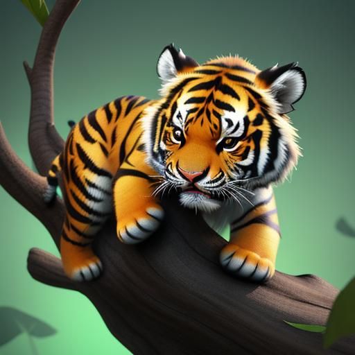 Cute Baby Tiger Playing: 3D Cartoon Illustration