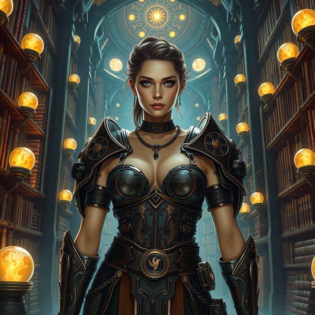 Lady Cogsworth in Her Library: Industrial Sci-Fi Art