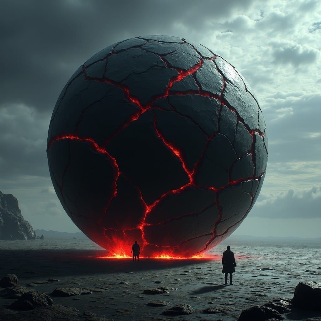 Surreal Dark Fantasy Scene of a Glowing Black Stone with Red...