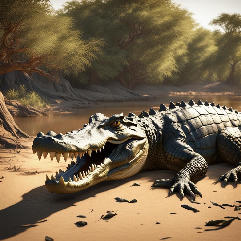 Hyperrealistic Crocodile Basking on Riverbank in African Sun...