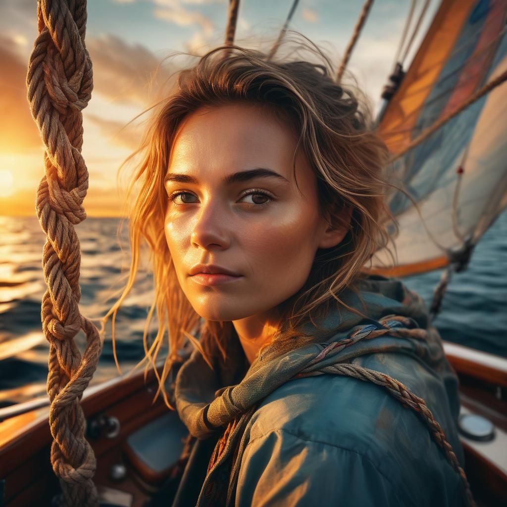 Woman Sailing at Sunset in Vibrant Oil Painting