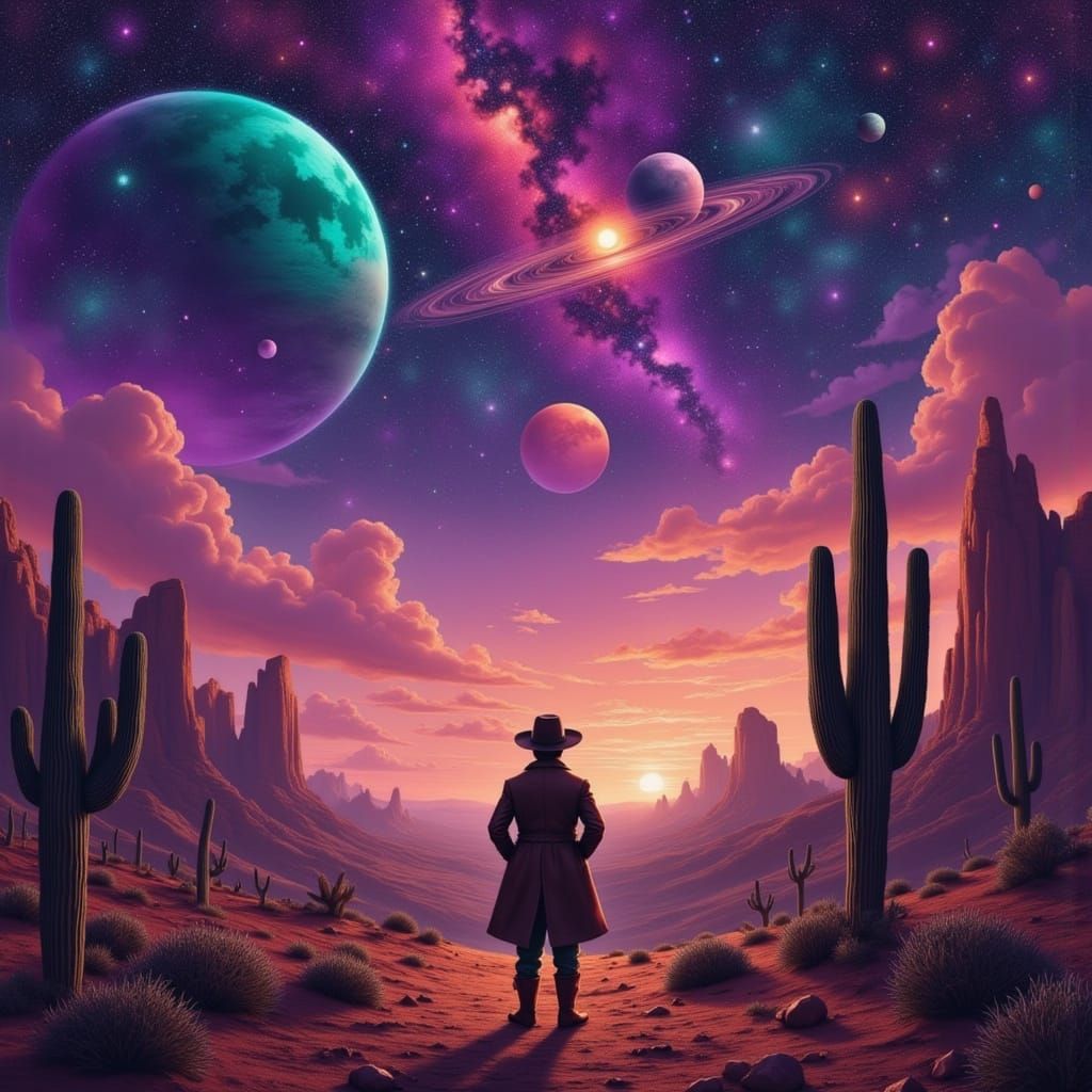 Cosmic Cowboy in a Surreal Desert Landscape