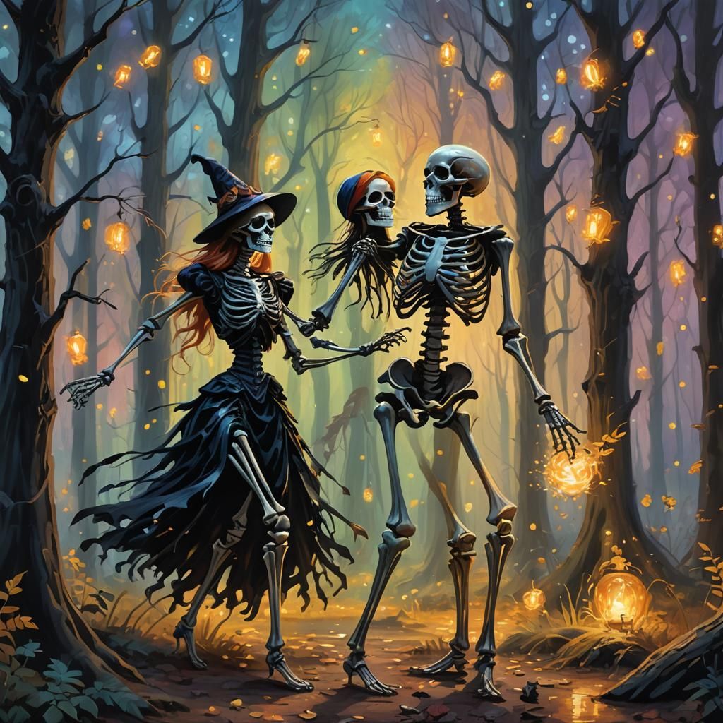 Dancing Skeleton and Witch in Impressionist Forest