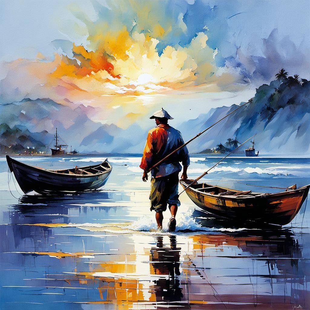 Filipino Fisherman at Dawn: Expressive Figurative Seascape