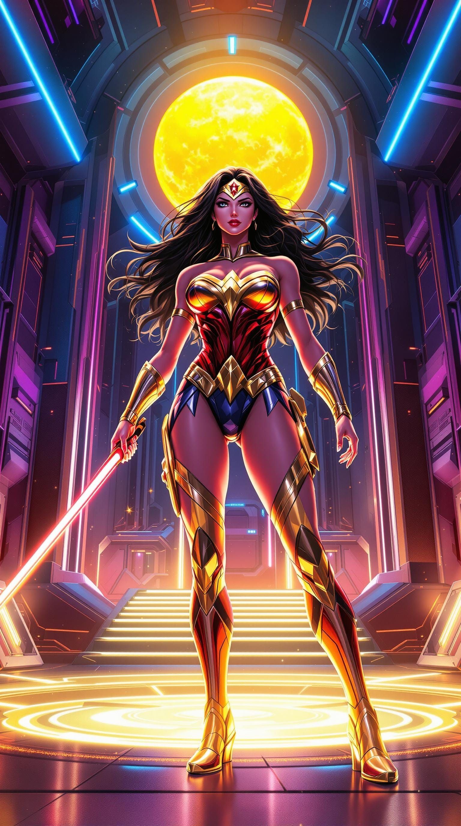 Retrofuture Wonder Woman Prime in Neon-Lit Fortress of Solit...