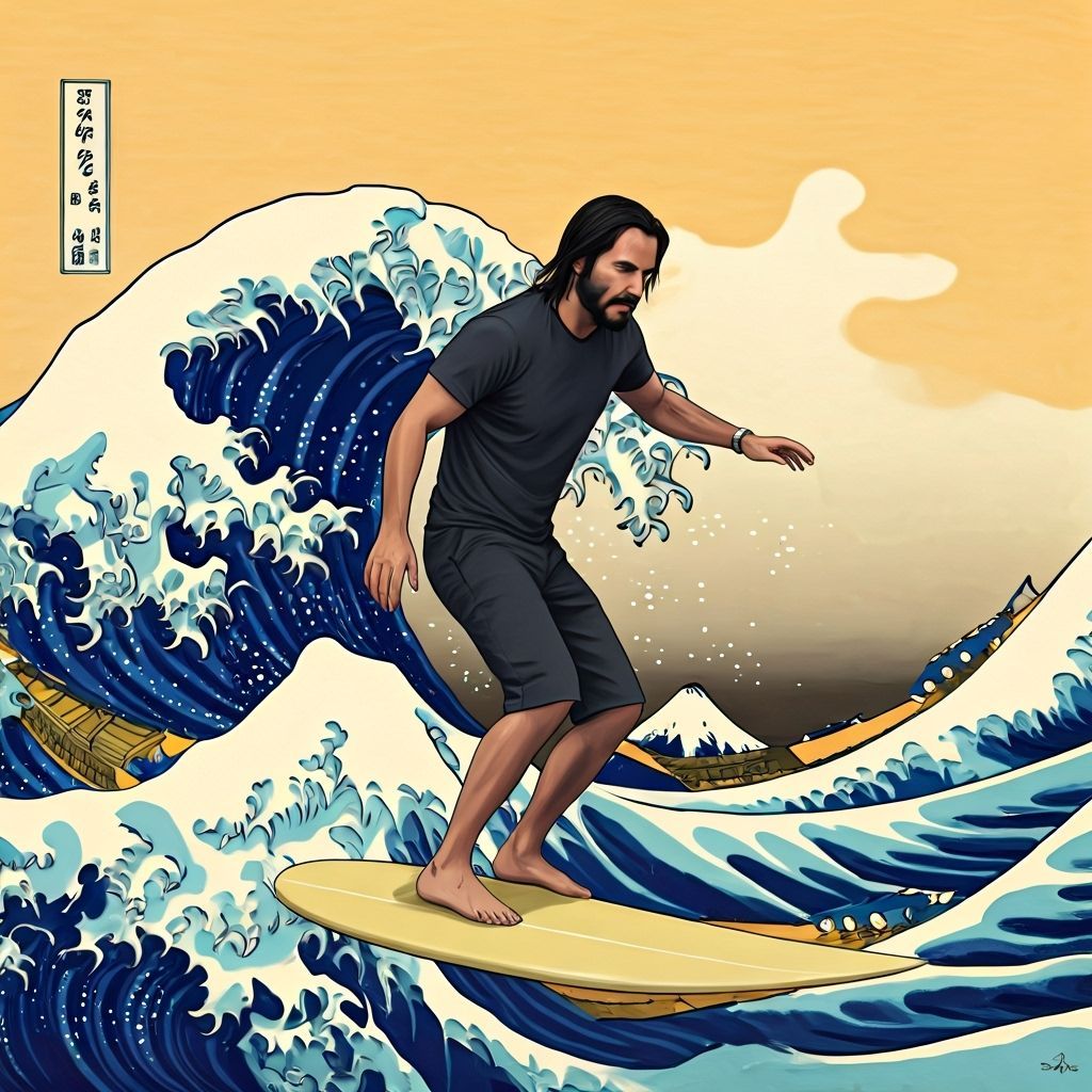 Keanu Reeves Surfing Hokusai Wave, Hyperrealistic