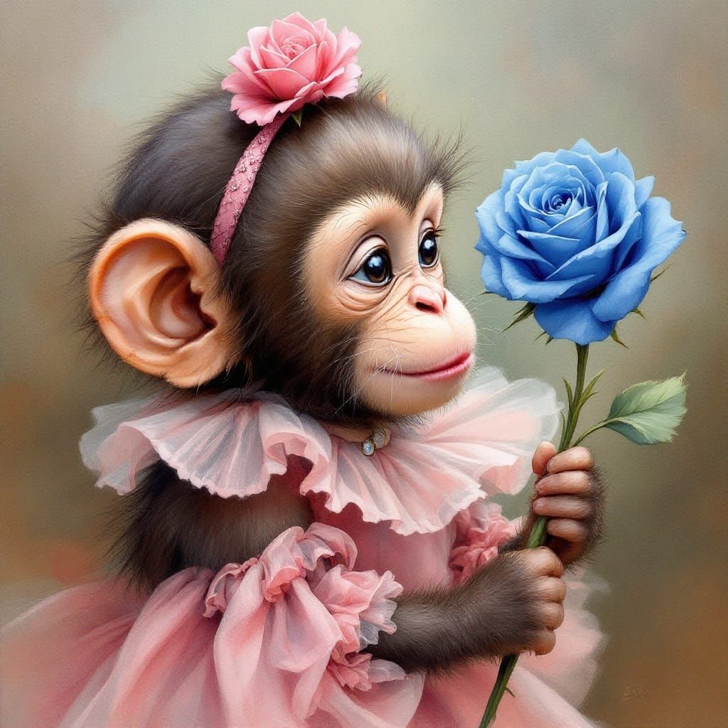 Oil painting on canvas.  an adorable, cute monkey with a pin...