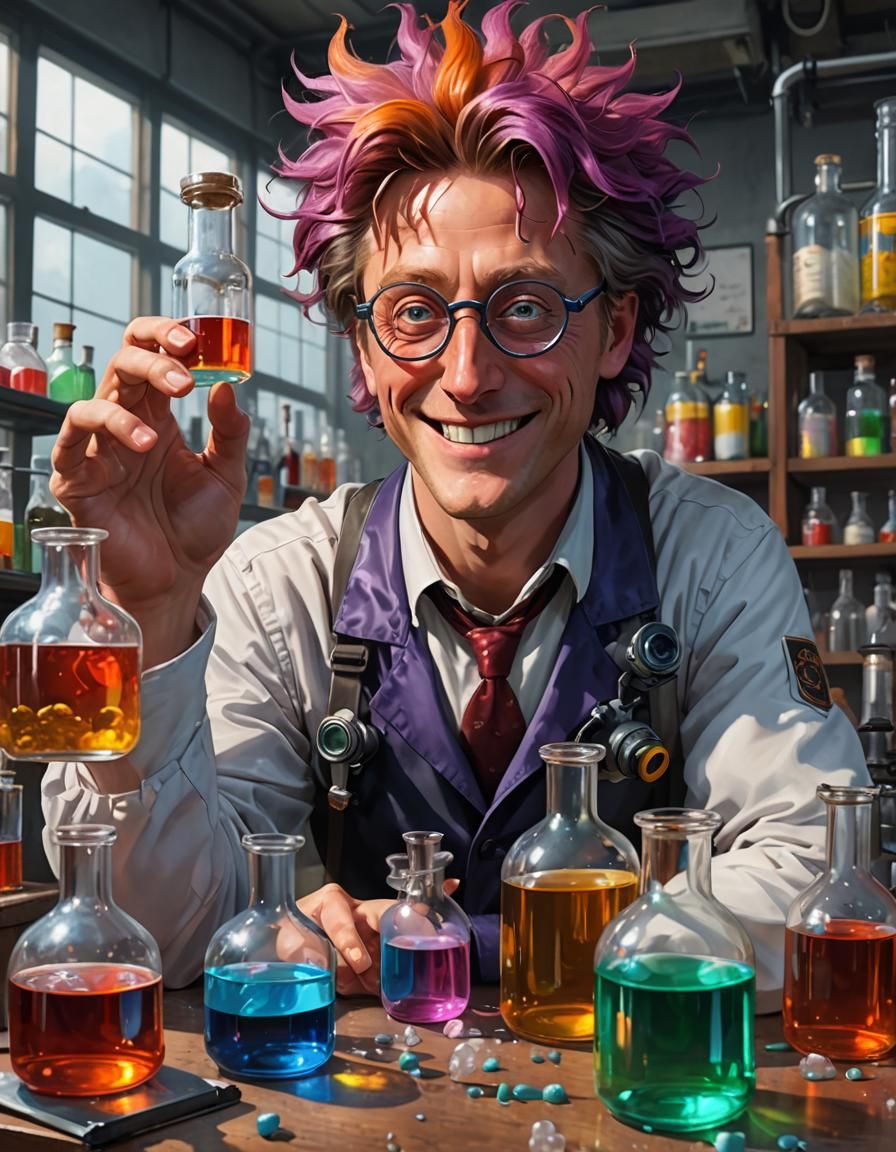 Mad Scientist Surrounded by Colorful Chemicals in Anime Art