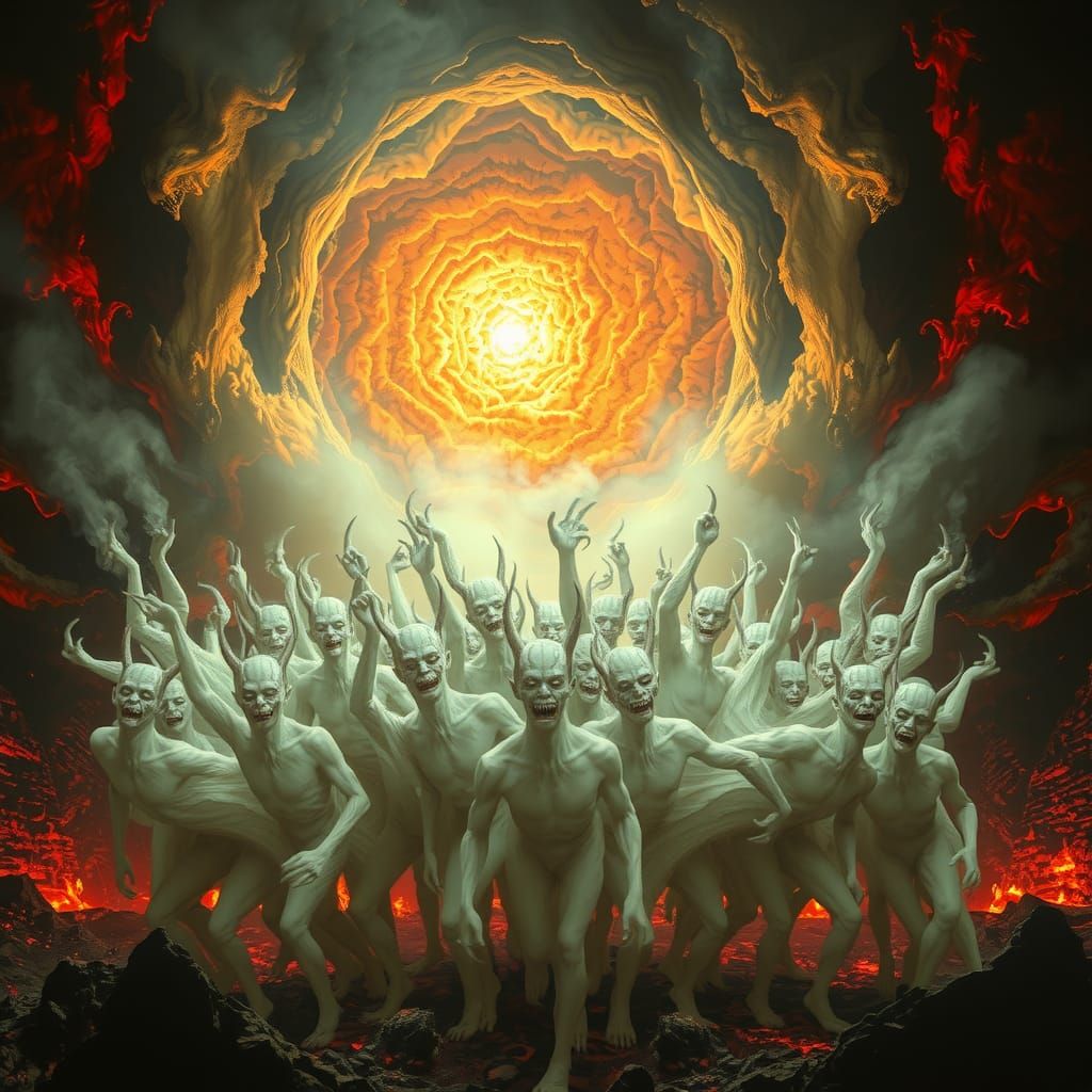 entrance to hell guarded by a horde of ghostly creatures.