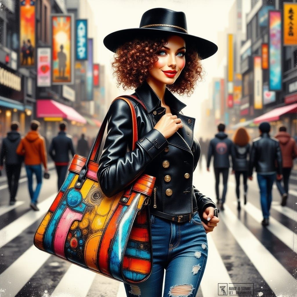 Stylish Woman with Handbag in Mixed Media Style