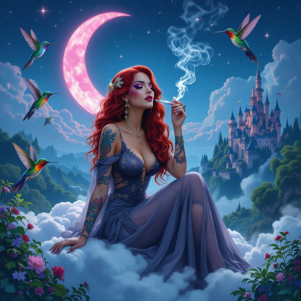 A striking woman, plum makeup, long lush wavy red hair, clad...