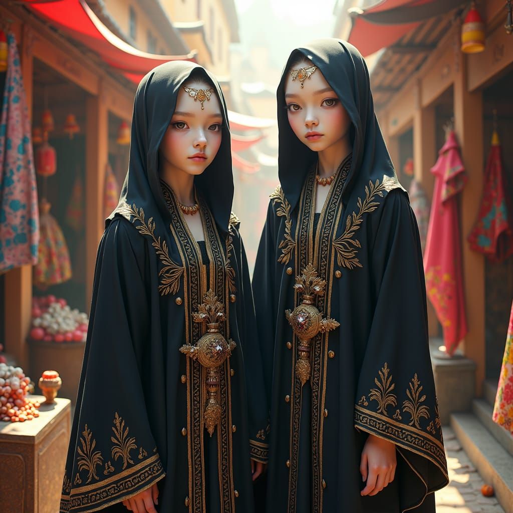 Albino Girls in Eastern Market: Detailed Matte Painting