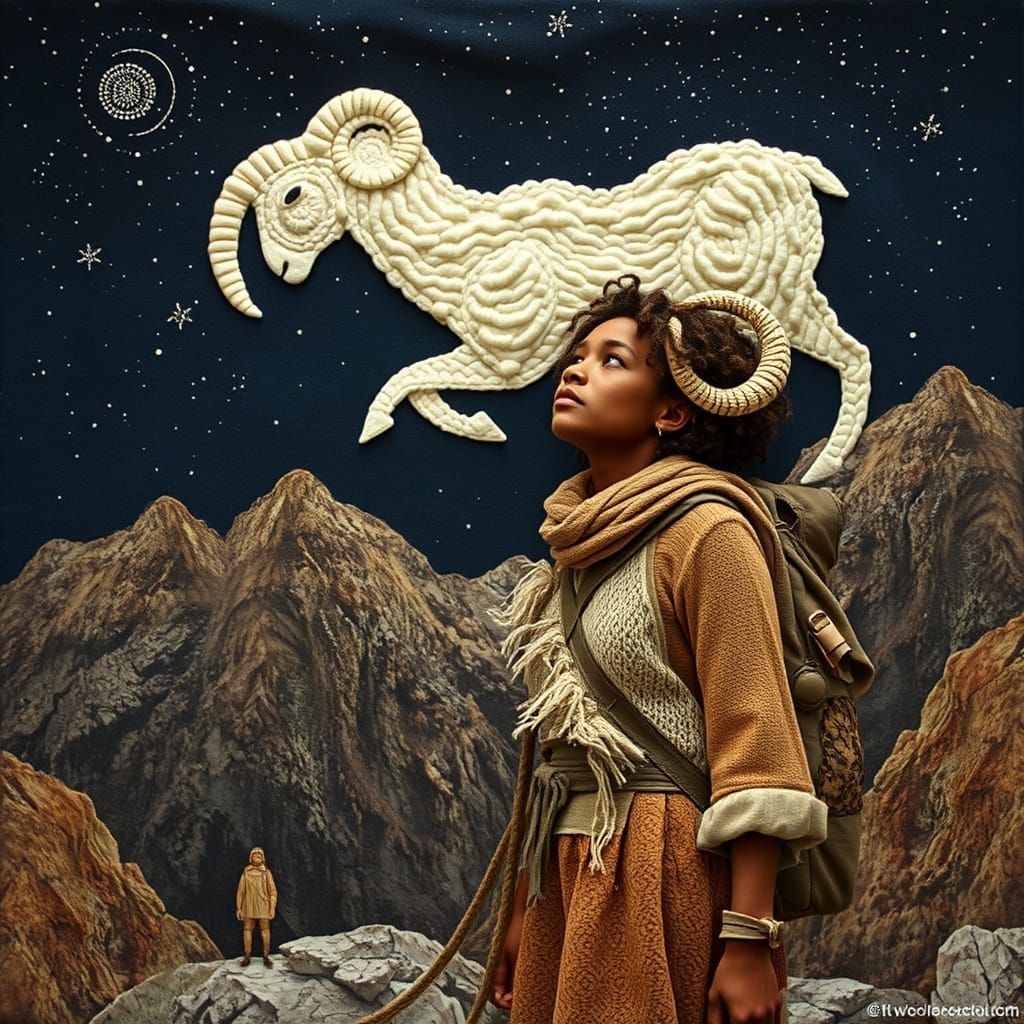 Whimsical Textile Collage of Adventurous Woman in Majestic M...