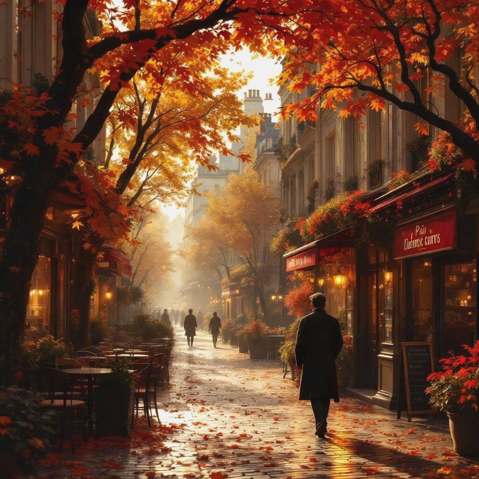 Parisian Autumn Street View with Golden Light