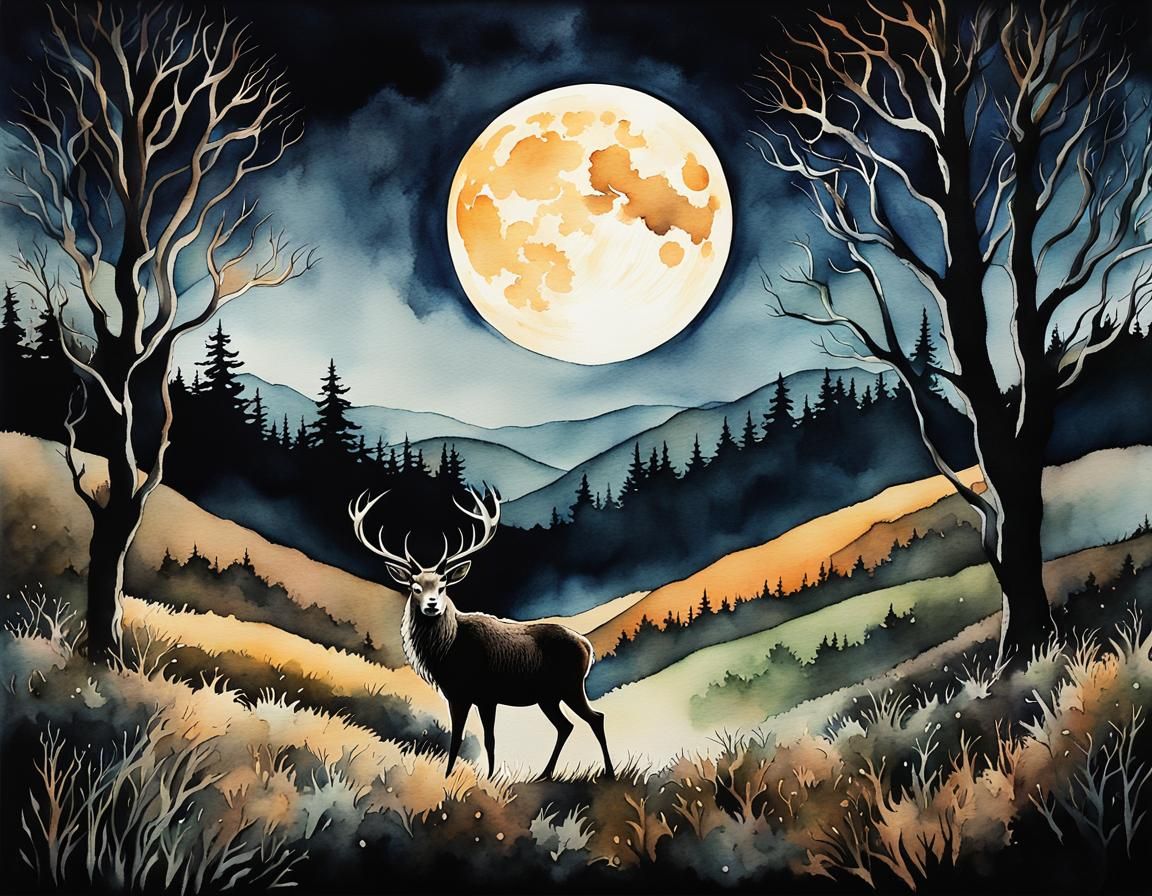 Majestic Stag Under Hunter's Moon in Watercolor
