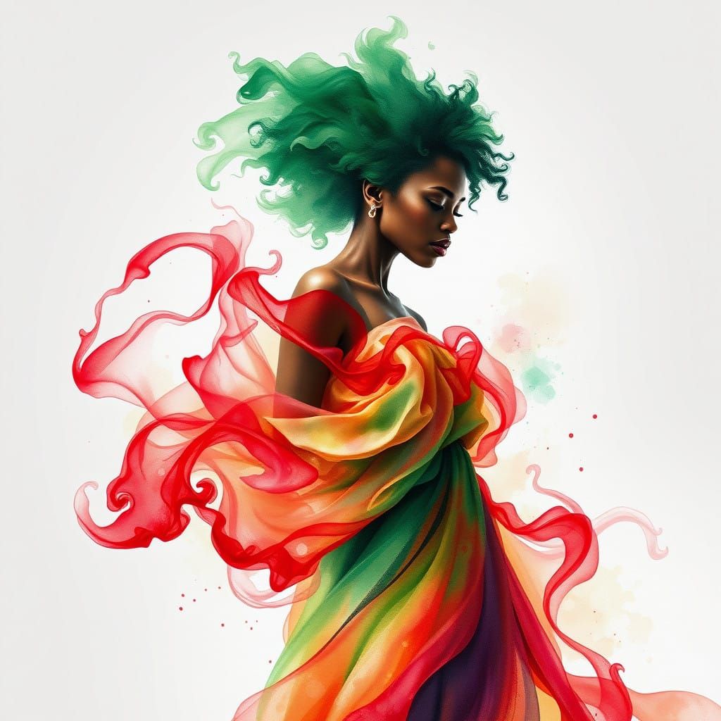 Surreal Caribbean Goddess in Swirling Smoke Gown
