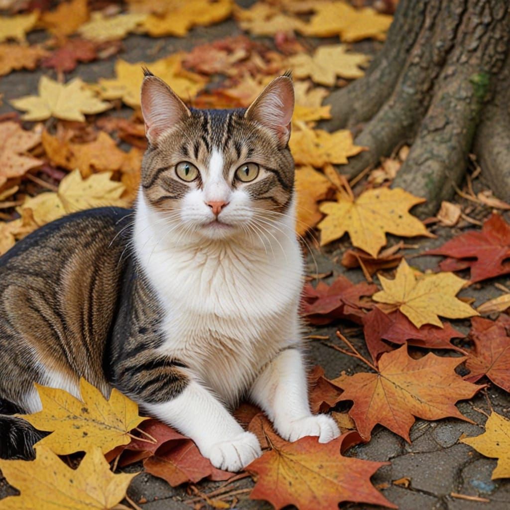 Cat Watches Mice Play in Autumn Leaves