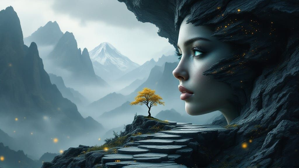Surreal Mountain Goddess with Bonsai Tree