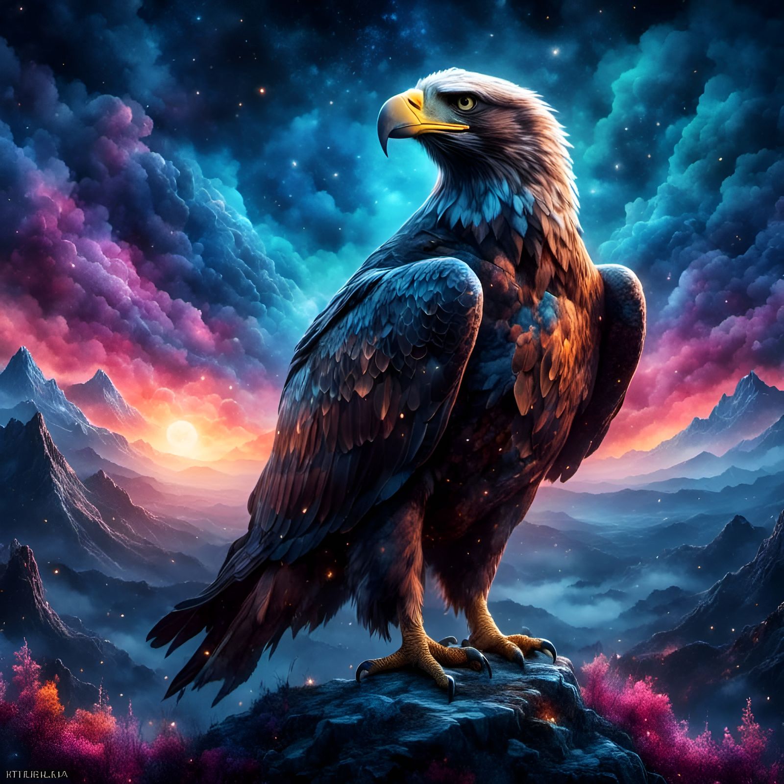 Majestic Eagle with Digital Ink Effects in Fantasy Mist