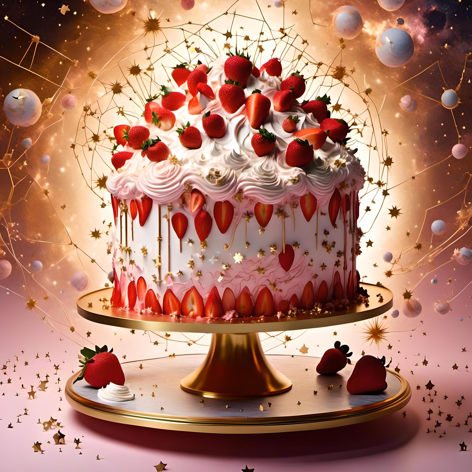 Intricate Strawberry Cake Exploding with Constellations