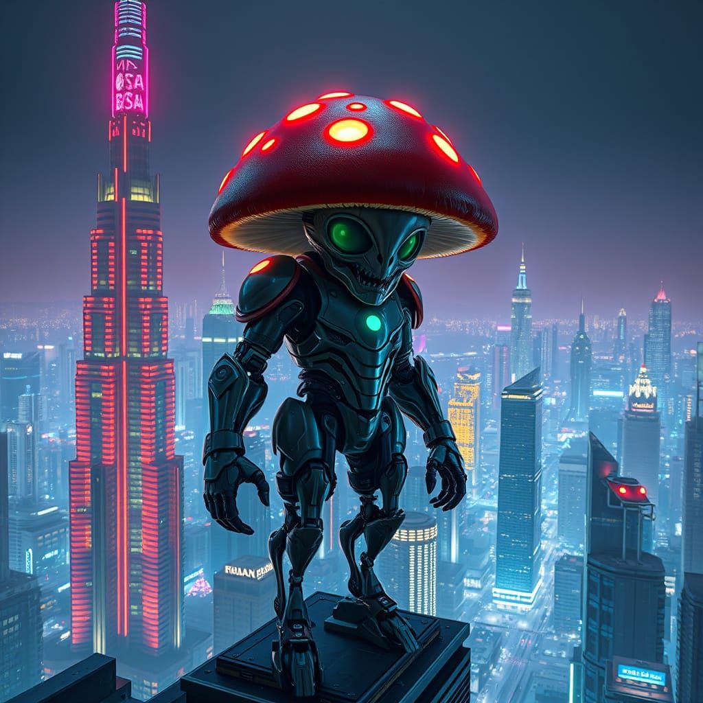 Mushroom Cyborg Hero in Cyberpunk Cityscape