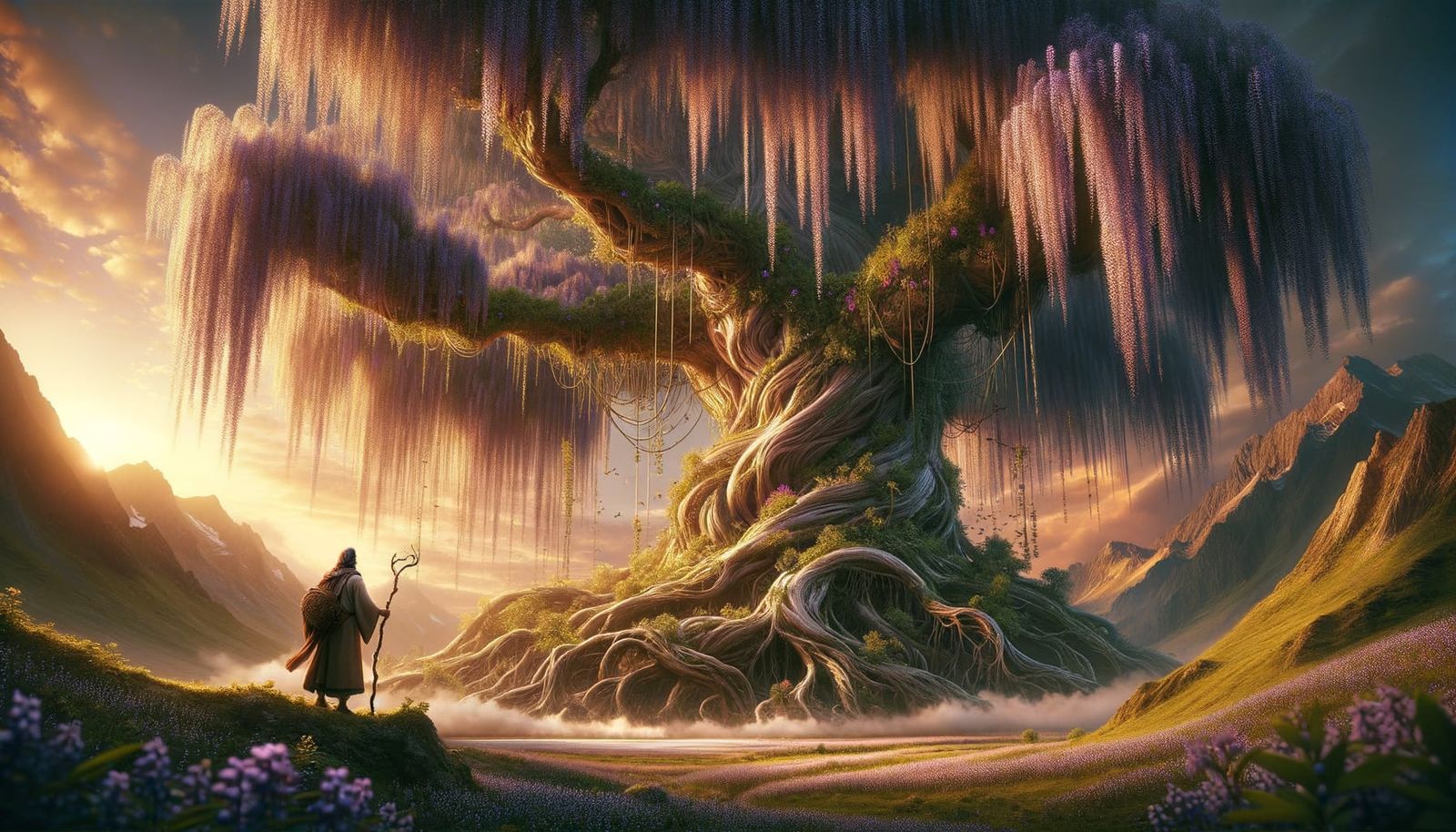 Majestic Willow Tree Backlit by Golden Sky