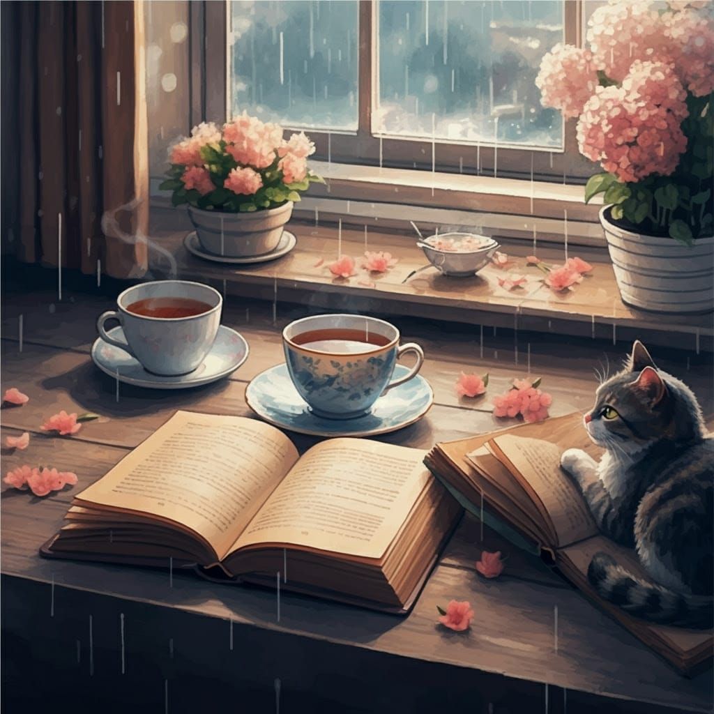 a cup of tea, an open book, and a cat indoors on a rainy day in May.