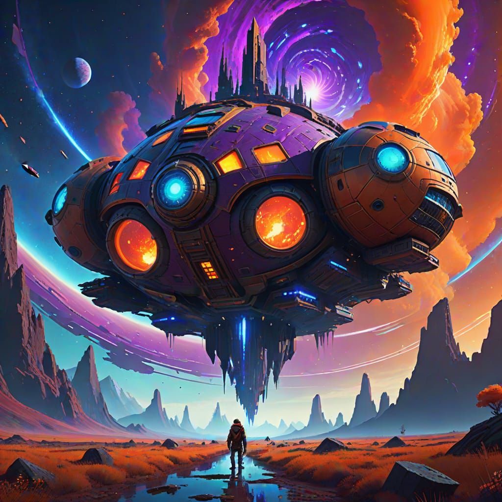 Majestic Starship Amidst Vibrant Nebula in Fantasy Concept A...