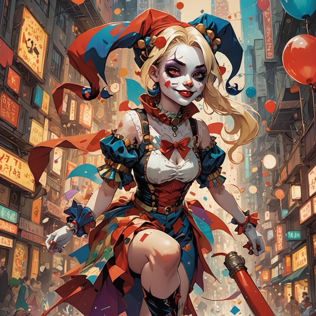 Harley Quinn in Jester Outfit, Digital Illustration