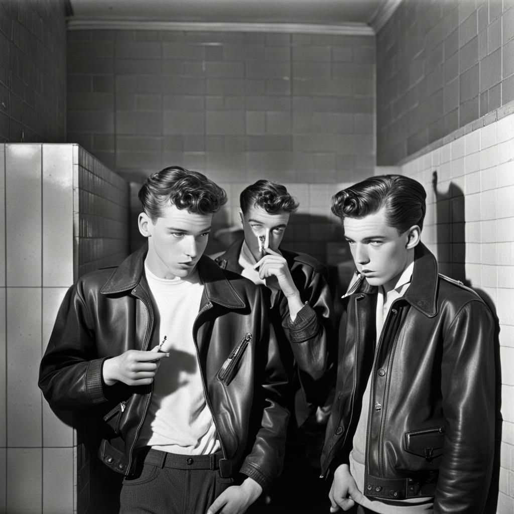 1950s High School Hoods Smoking in Bathroom